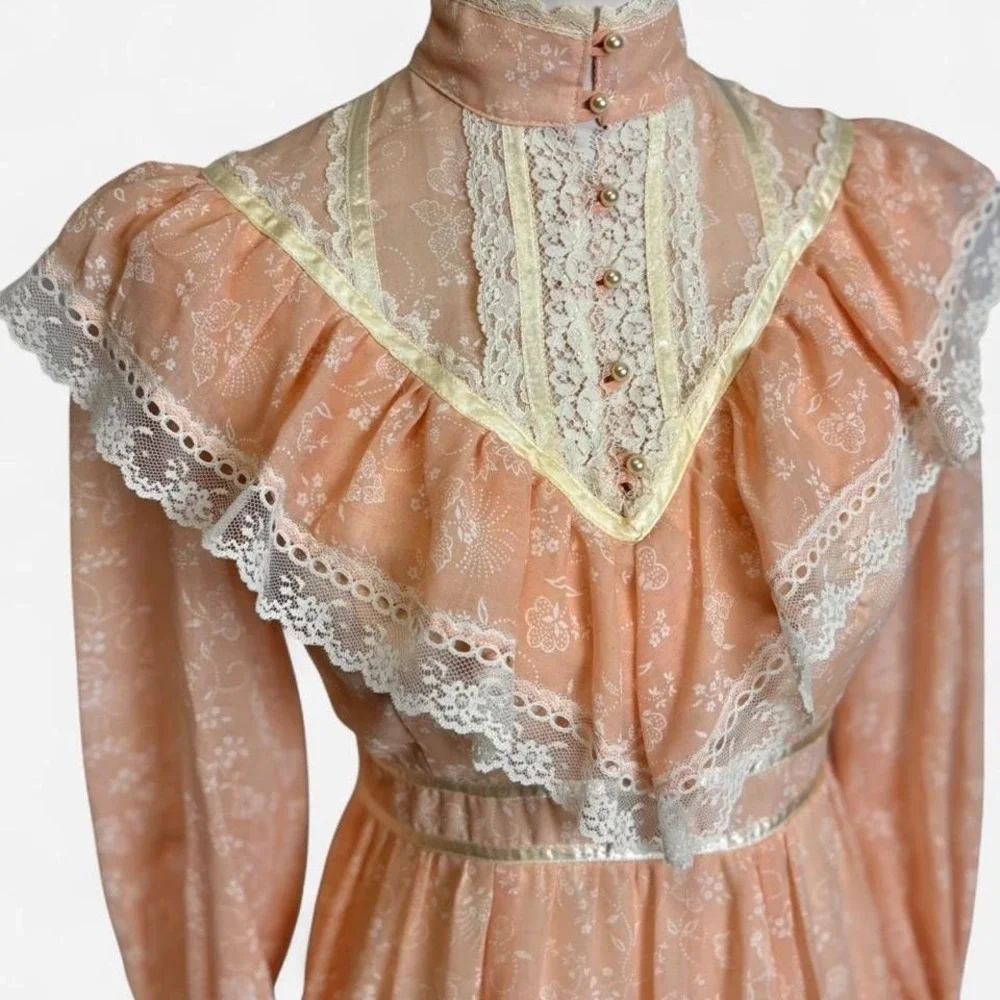 Vintage 70s Gunne Sax Pink Floral Prairie Dress Lace Ruffle Maxi Size 7 XS - Picture 2 of 7